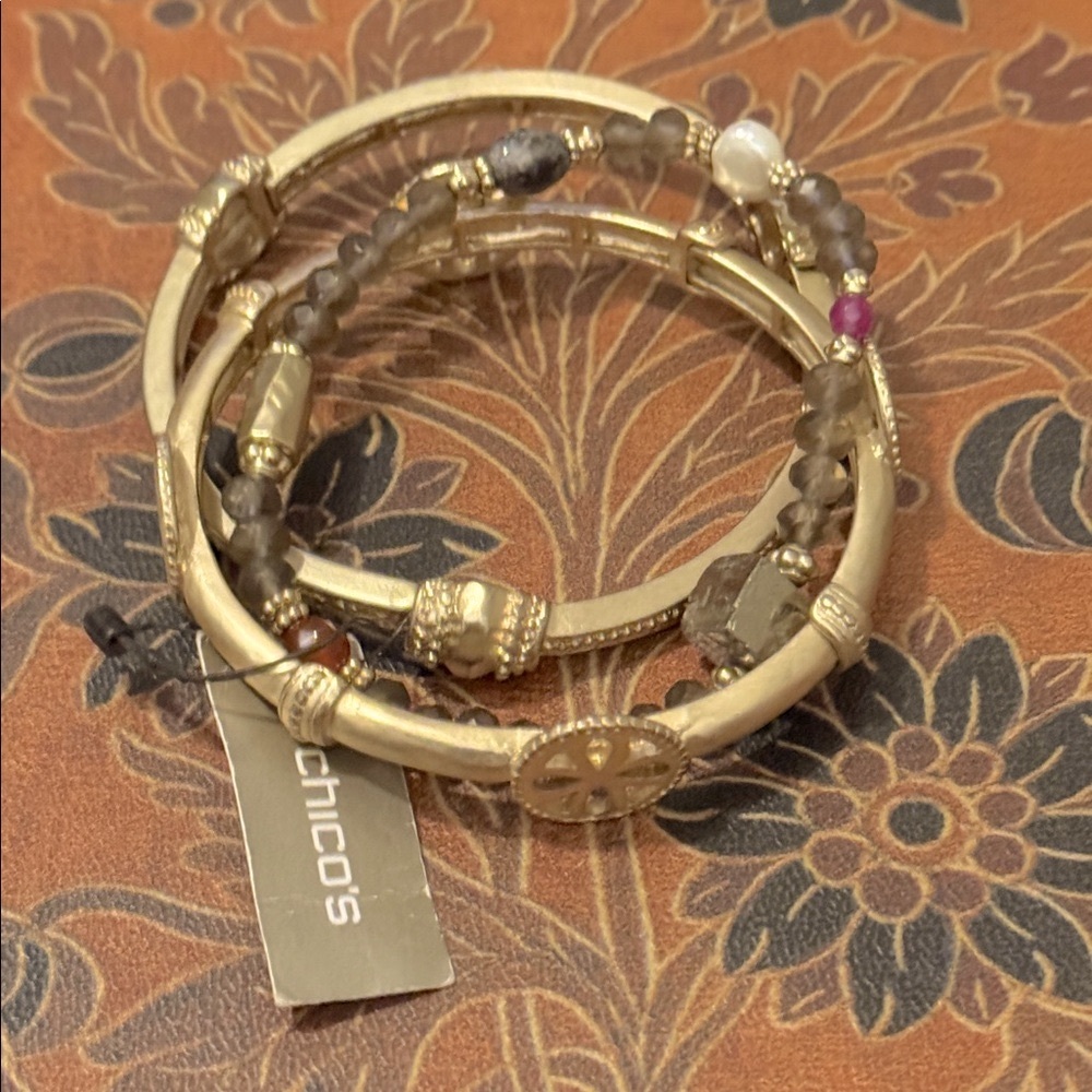 Chico's Gold and Brown Beaded Bracelet Set NWT